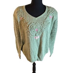 Vintage NWT ~ LACY AFTER NOON Green Floral Embroidered Shirt ~ L / Black